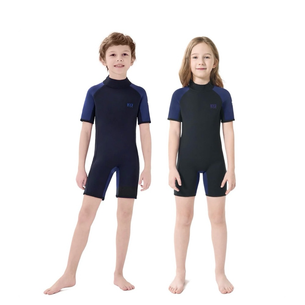 Kids Boys Girls Unisex Short Sleeve Wetsuit Swimwear - Navy/Blue 12